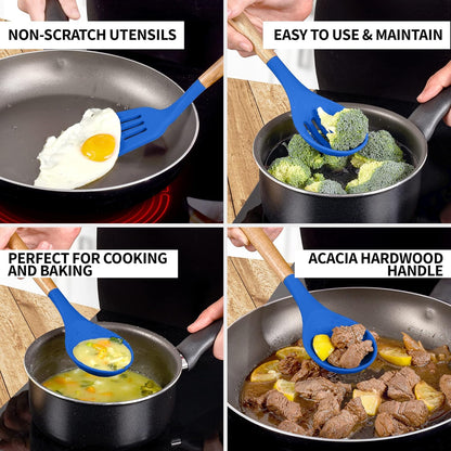 Zulay Kitchen Non-Stick Silicone Cooking Utensils Set with Acacia Wood Handles - 5 Piece Set - Heat