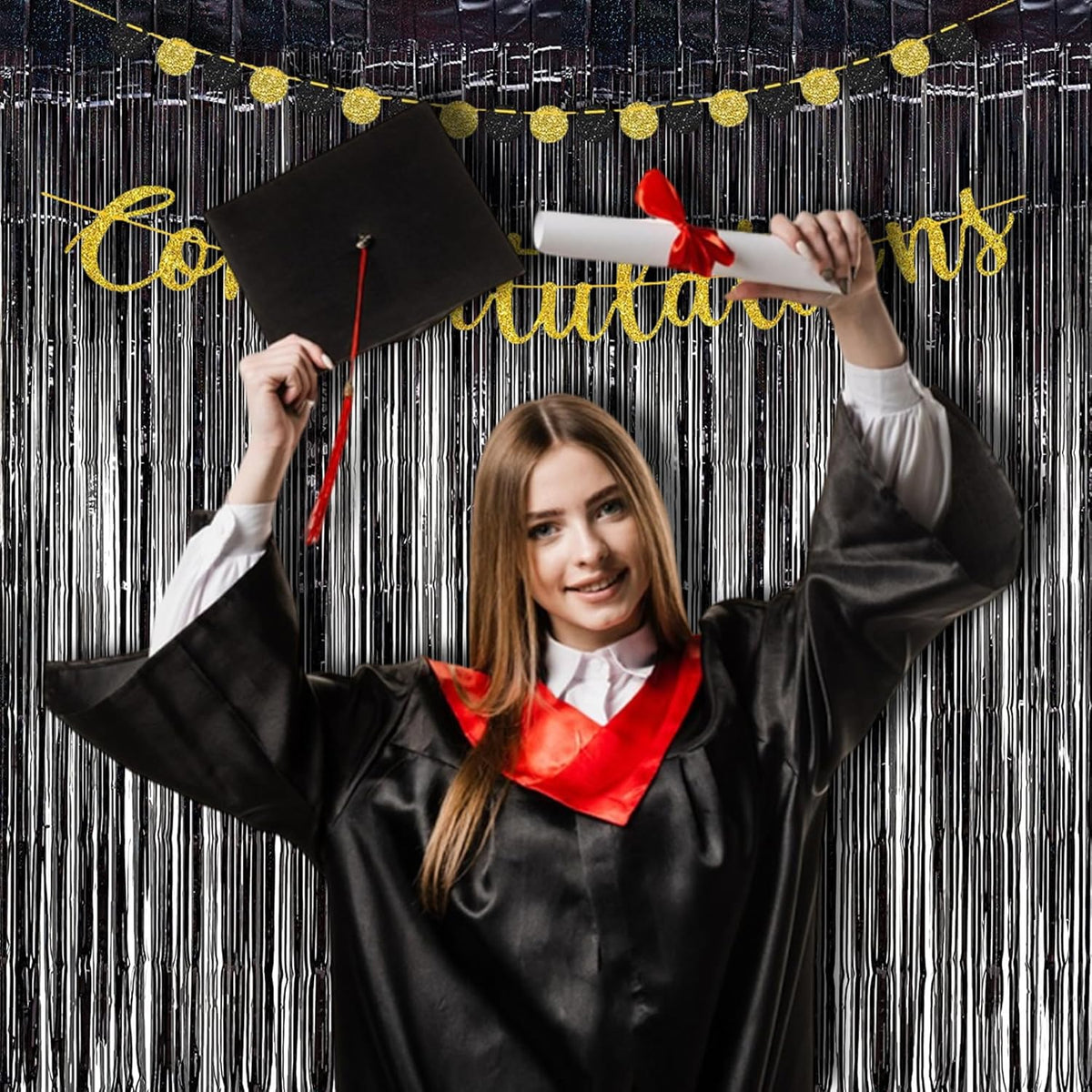 BRAVESHINE Black Halloweens Party Foil Fringe Curtains - 2 Pack Metallic Tinsel Photo Booth