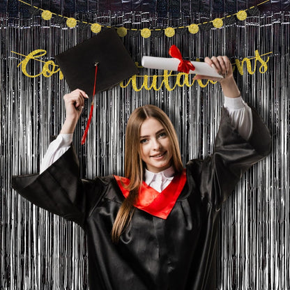 BRAVESHINE Black Halloweens Party Foil Fringe Curtains - 2 Pack Metallic Tinsel Photo Booth