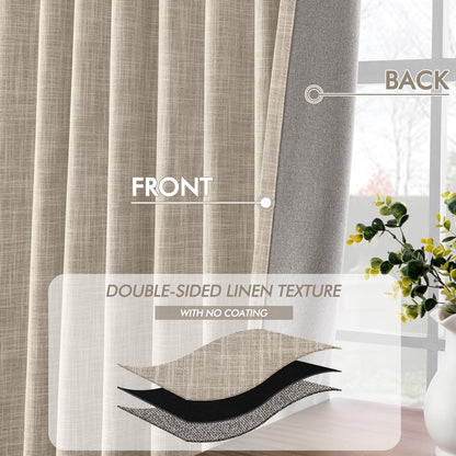 MIULEE Beige 100% Blackout Linen Curtains 100 Inch 2 Panels Set Double Sided No Coating Pleated