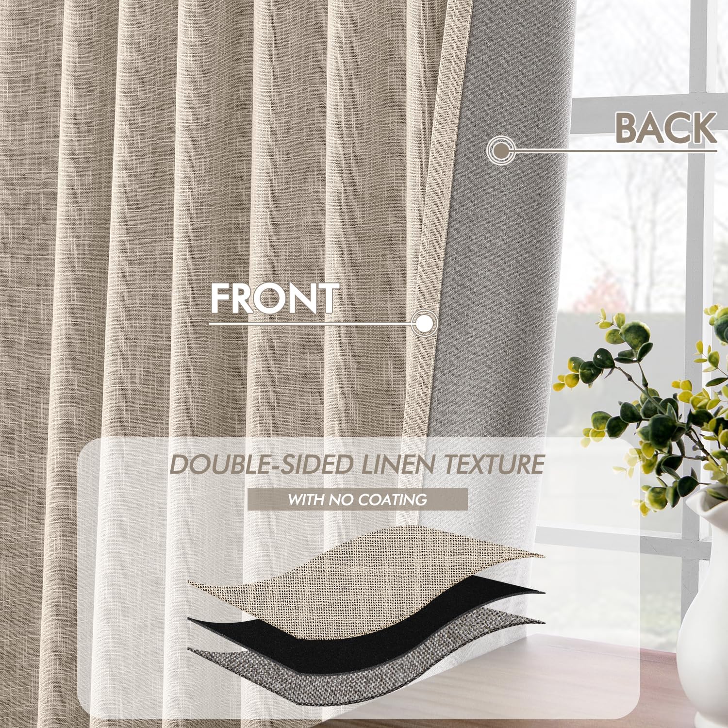 MIULEE Beige 100% Blackout Linen Curtains 90 Inch 2 Panels Set Double Sided No Coating Pleated Back