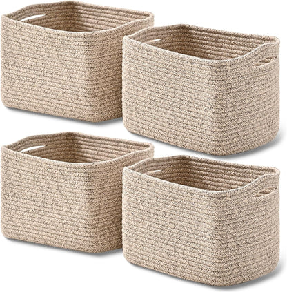Small Storage Baskets for Shelves Organizing, Woven Cotton Rope Baskets for Storage, Book Basket