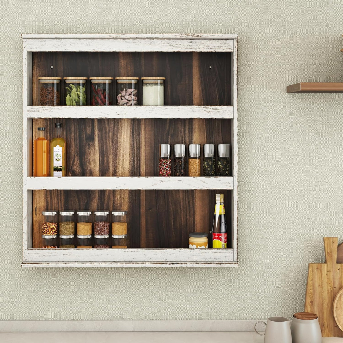 Nisorpa 3 Tier Spice Rack Wall Mount, Rustic Burnt Wood Wall Hanging Spice Rack Kitchen Spice Shelf