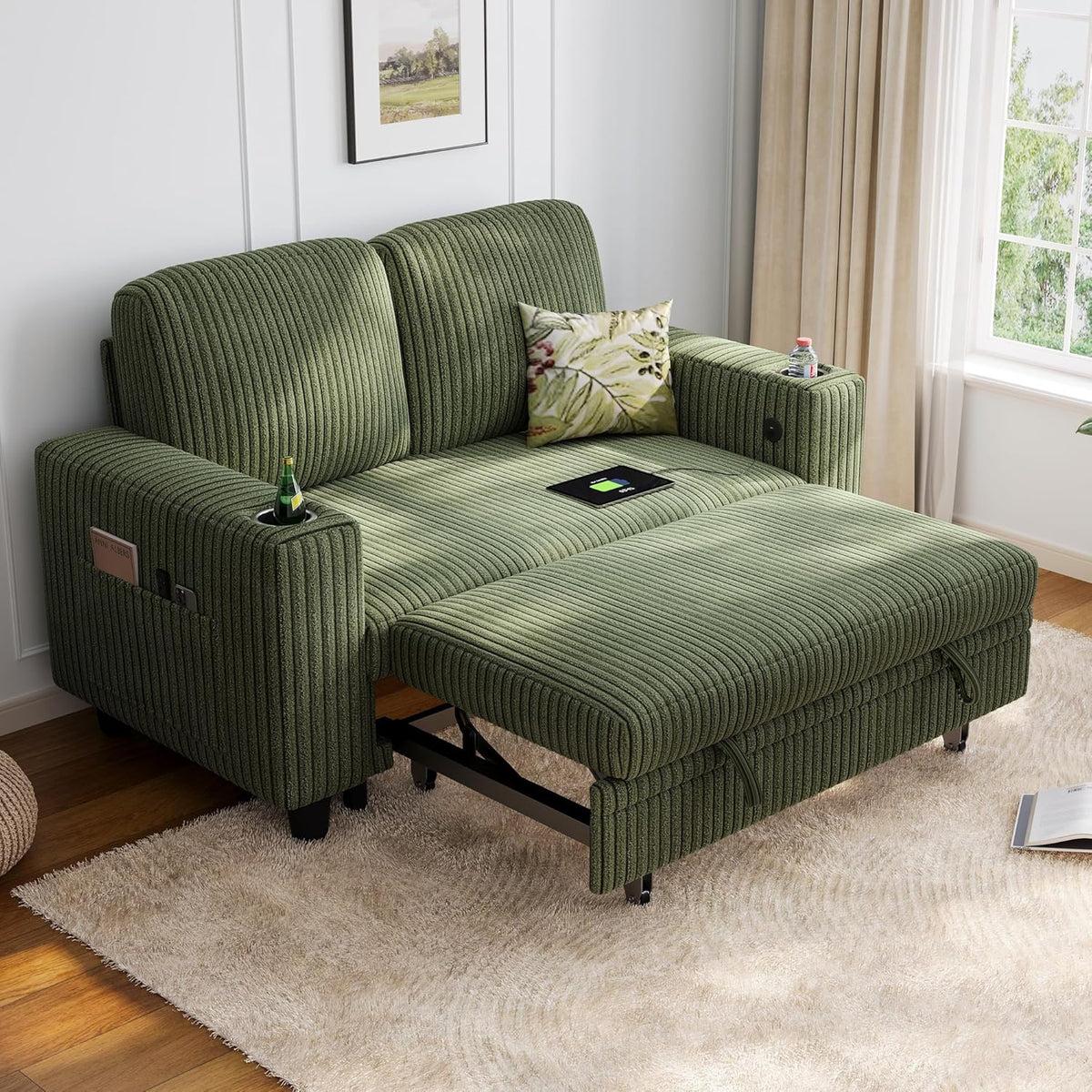 LINSY HOME Loveseat Sofa with Pull Out Couch Chaise: 2-in-1 Convertible 2 Seater Sofa with USB