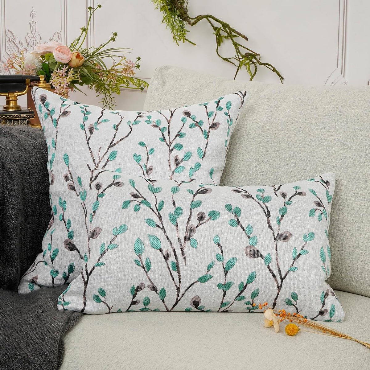 YOUR SMILE Classical Embroidery Jacquard Green Square Decorative Throw Pillow Case Cushion