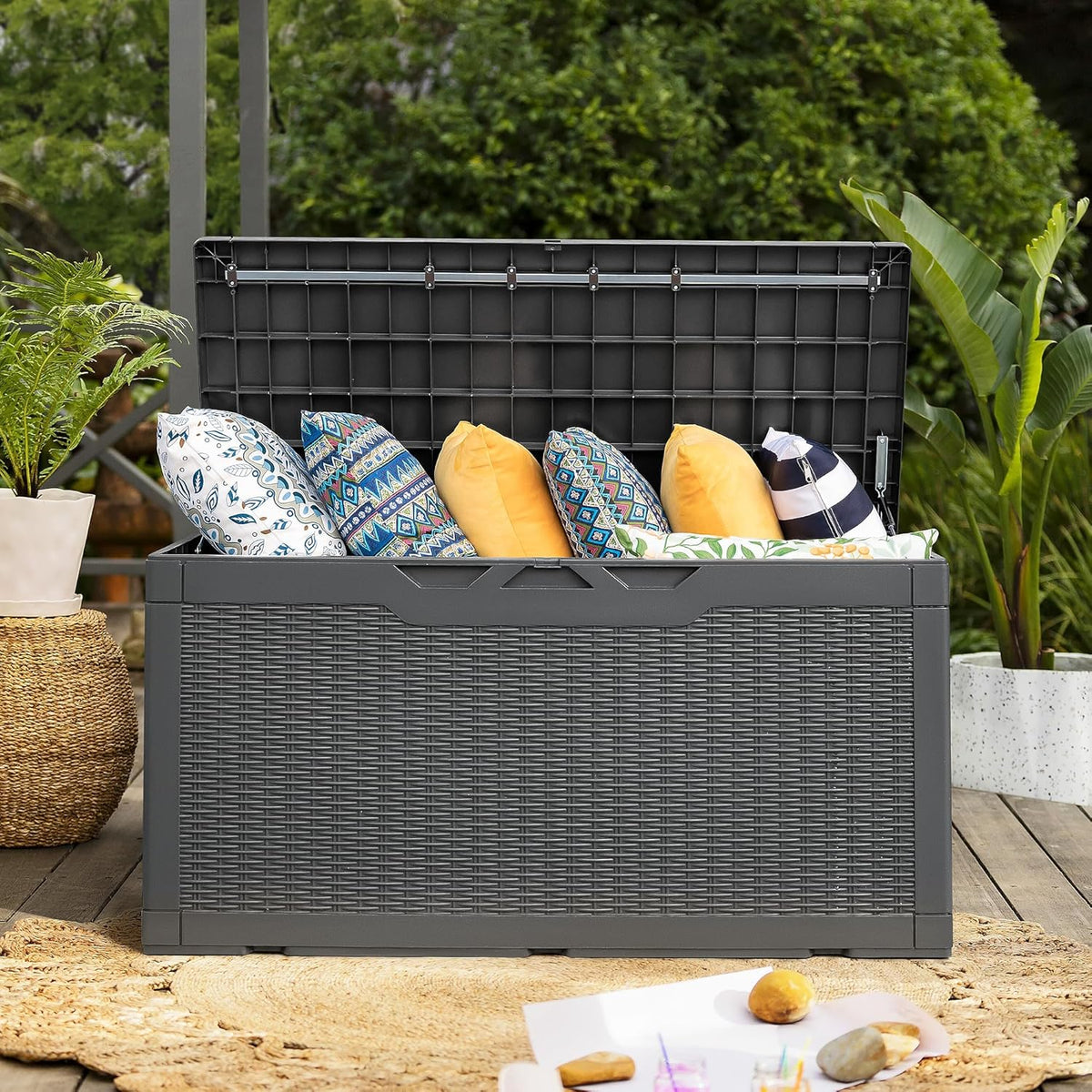 Flamaker Deck Box with Cushion 100 Gallon Waterproof Resin Storage Box with Air Rod Indoor Outdoor