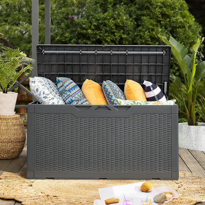 Flamaker Deck Box with Cushion 100 Gallon Waterproof Resin Storage Box with Air Rod Indoor Outdoor