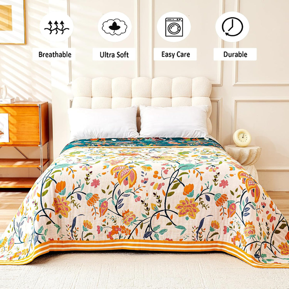 Boho Throw Blanket, 100% Organic Cotton Breathable Ultra Soft 91" x 98" Bed Quilt Throw - All