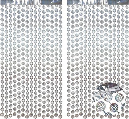 BRAVESHINE Hanging Balls Party Streamers Backdrop - 2 Pack Silver Tinsel Foil Curtain Photo Fringe