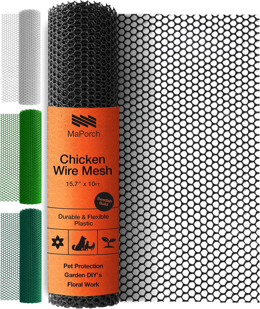 MaPorch Plastic Wire Mesh Fence - Black, 15.71" x 10 ft - Plastic Chicken Wire Fencing for Dogs
