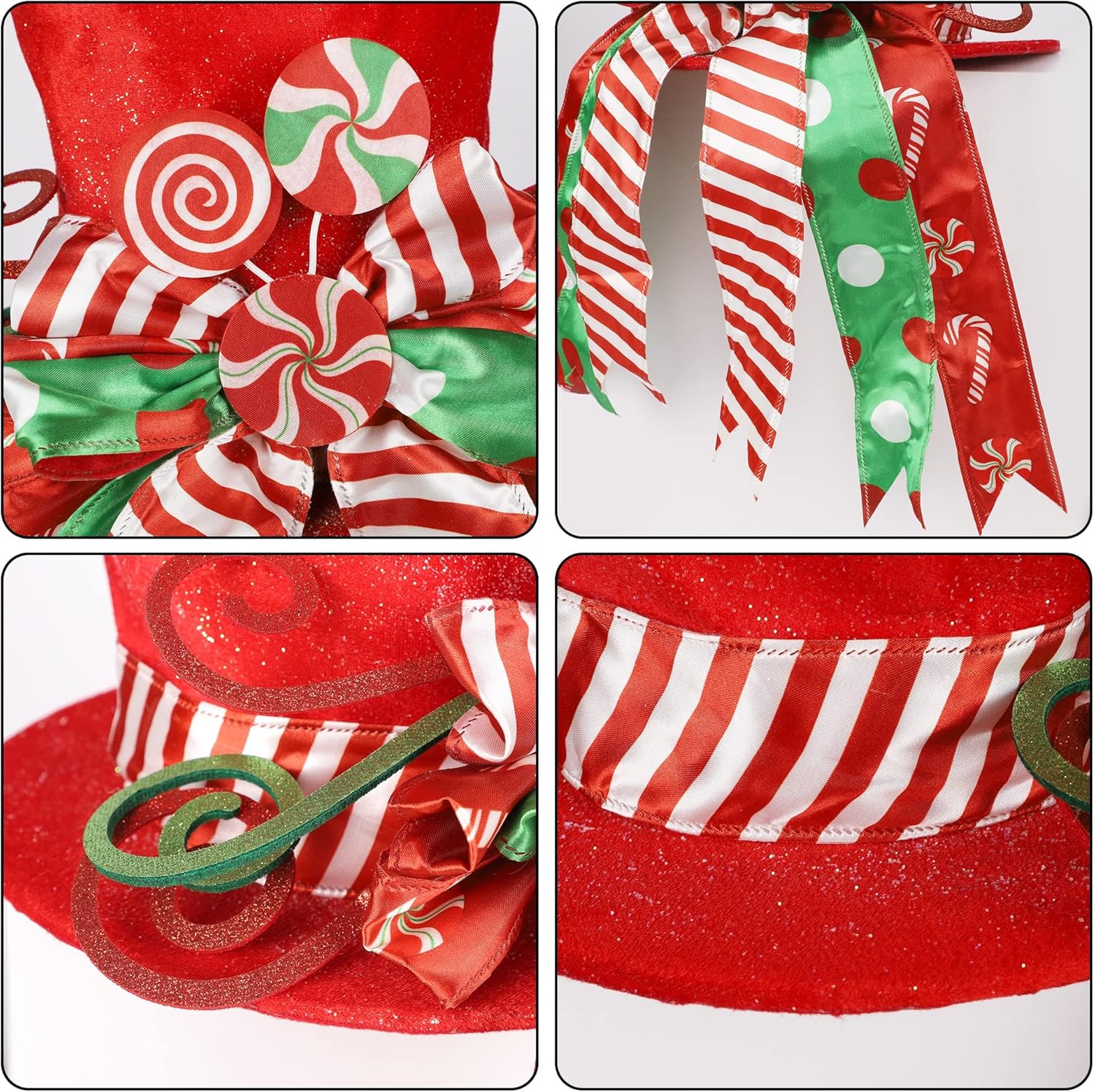 yofit Christmas Tree Topper Hat, Large Red Hat with Striped Bow Ribbon & Lollipop, Christmas Tree