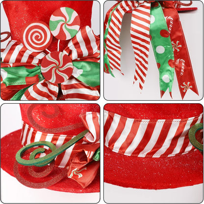 yofit Christmas Tree Topper Hat, Large Red Hat with Striped Bow Ribbon & Lollipop, Christmas Tree