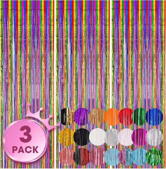 3 Pack 3.3x8.2 Feet Rainbow Foil Fringe Backdrop Curtains, Tinsel Streamers Birthday Party