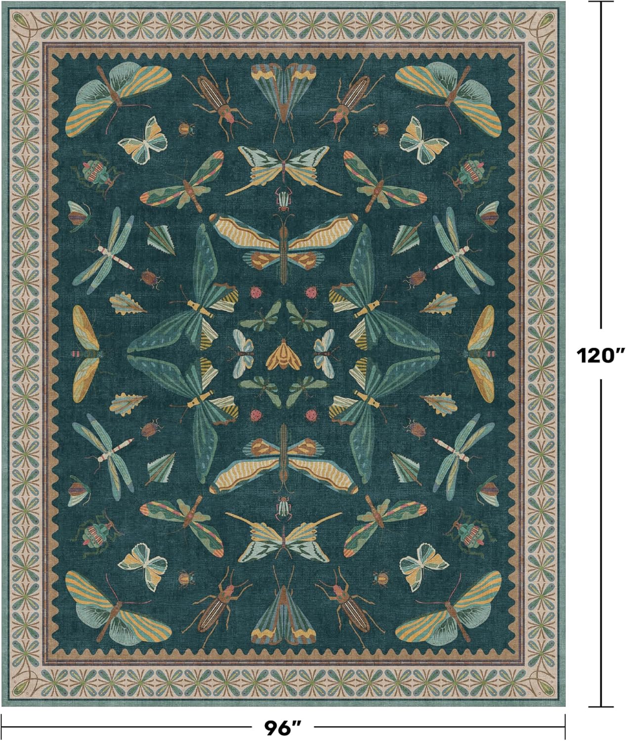 Insect Print Washable 8x10 Living Room Rug - Bugs, Butterfly, Bees, Moths Patterned Area Rugs for