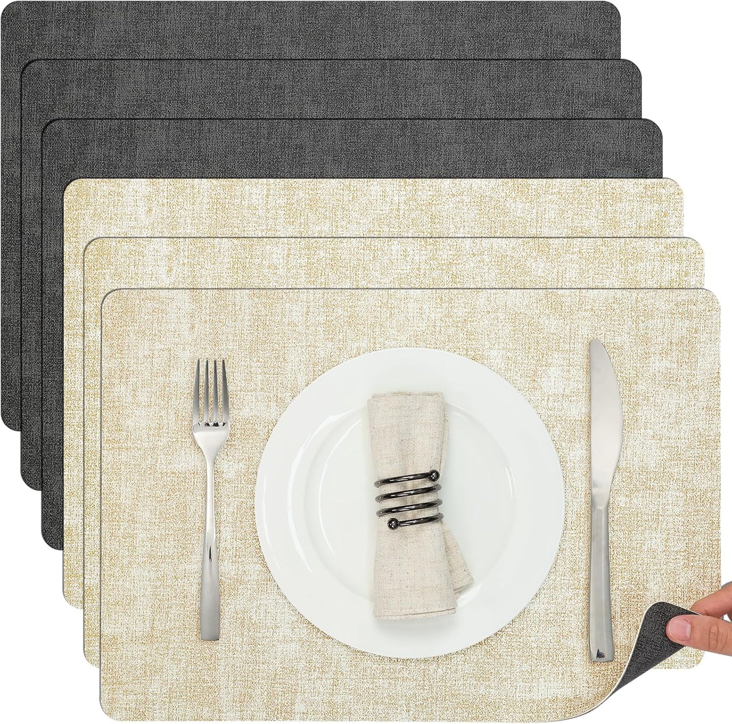 Myir JUN Dual Sided Faux Leather Placemats Set of 6 Indoor/Outdoor Square Non-Slip Washable Table