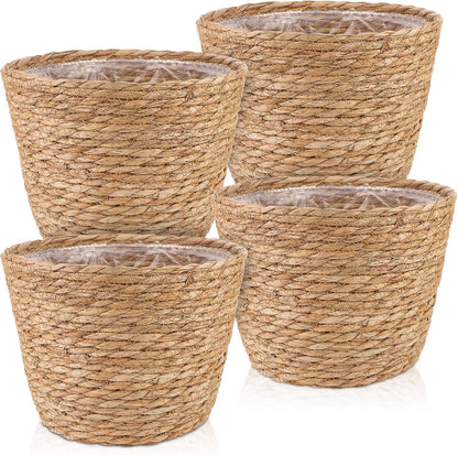 4 Pcs Large Premium Seagrass Planter Basket with Plastic Lining Natural Stylish Planter Baskets