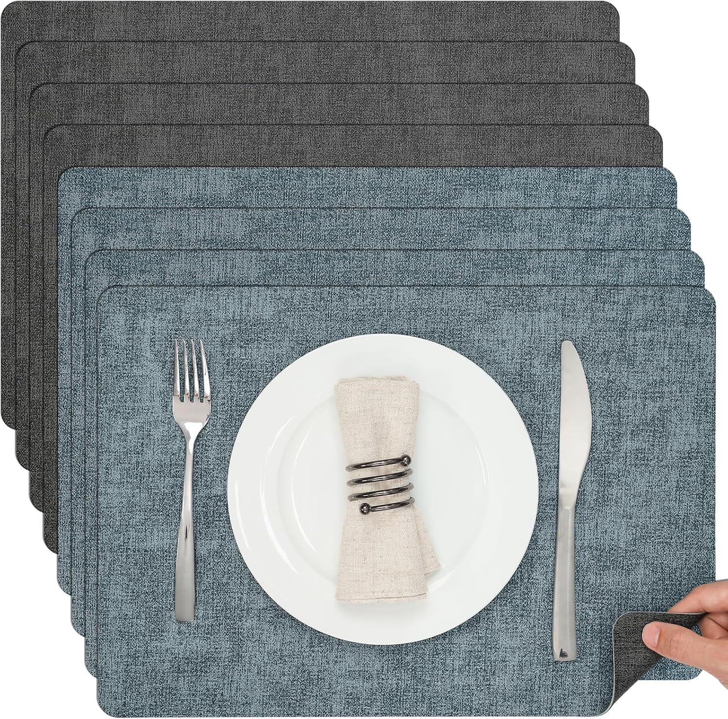 Myir JUN Dual Sided Placemats, Faux Leather Set of 8 for Dining Table, Non-Slip Washable Heat