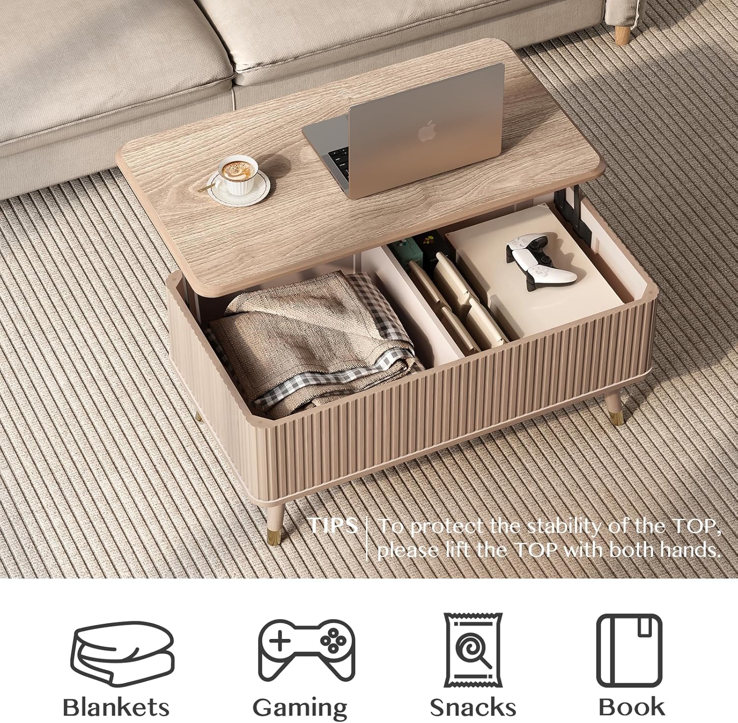 Lift Top Coffee Table with Storage Shelf & Hidden Compartment, Mid Century Modern Fluted Rectangle