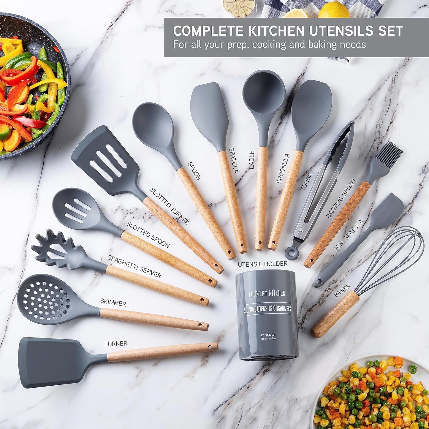 Country Kitchen Non Stick Silicone Utensil Set with Rounded Wood Handles for Cooking and Baking, 14