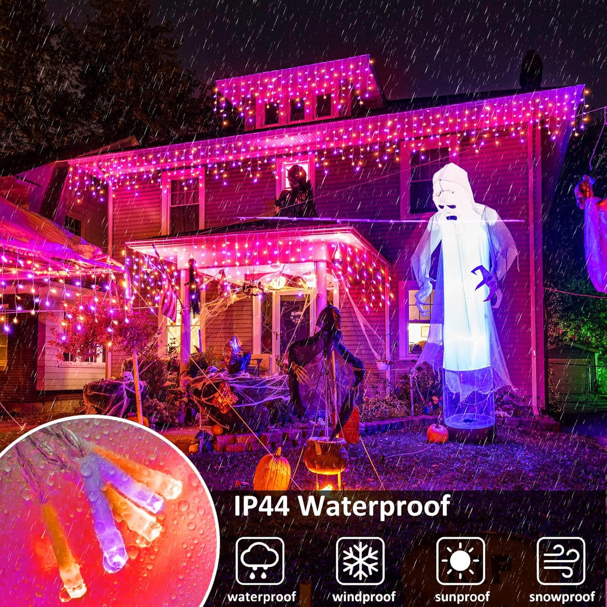 Orange and Purple Halloween Lights Outdoor, 33FT 400 LED Icicle Lights for Outside with Waterproof