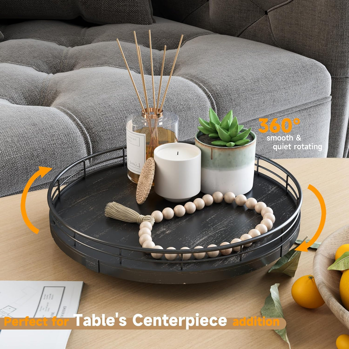 10" Oak Bathroom Vanity Tray Turntable for Perfume Candle, Round Wooden Decorative Tray for Kitchen