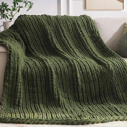Chunky Knit Throw Blanket, 40''*50'' Knitted Throw Chenille Yarn for Bed Couch, Handmade Green