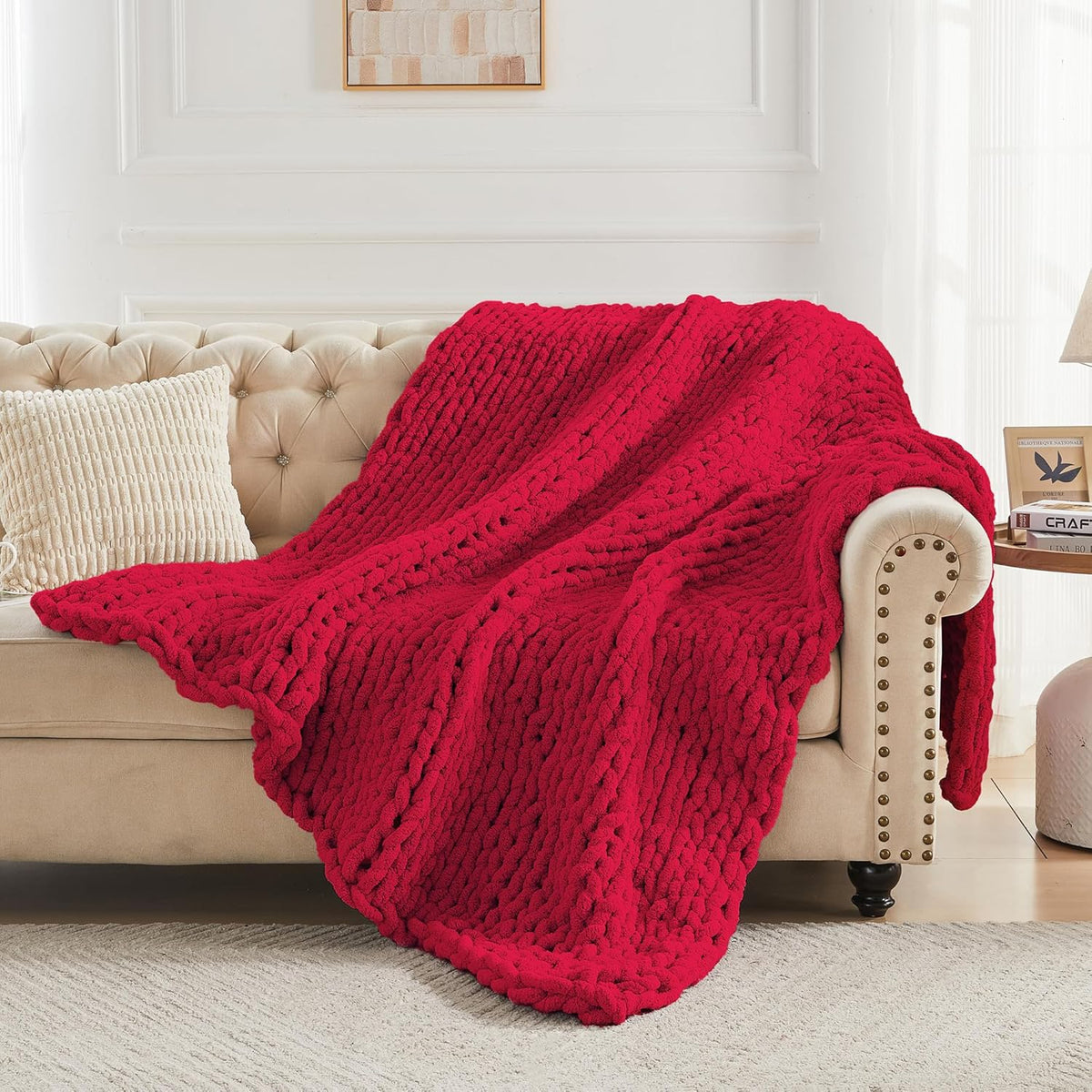 Carriediosa Chunky Knit Throw Blanket 50" X 60", 100% Hand Made Large Chenille Loop Yarn Soft