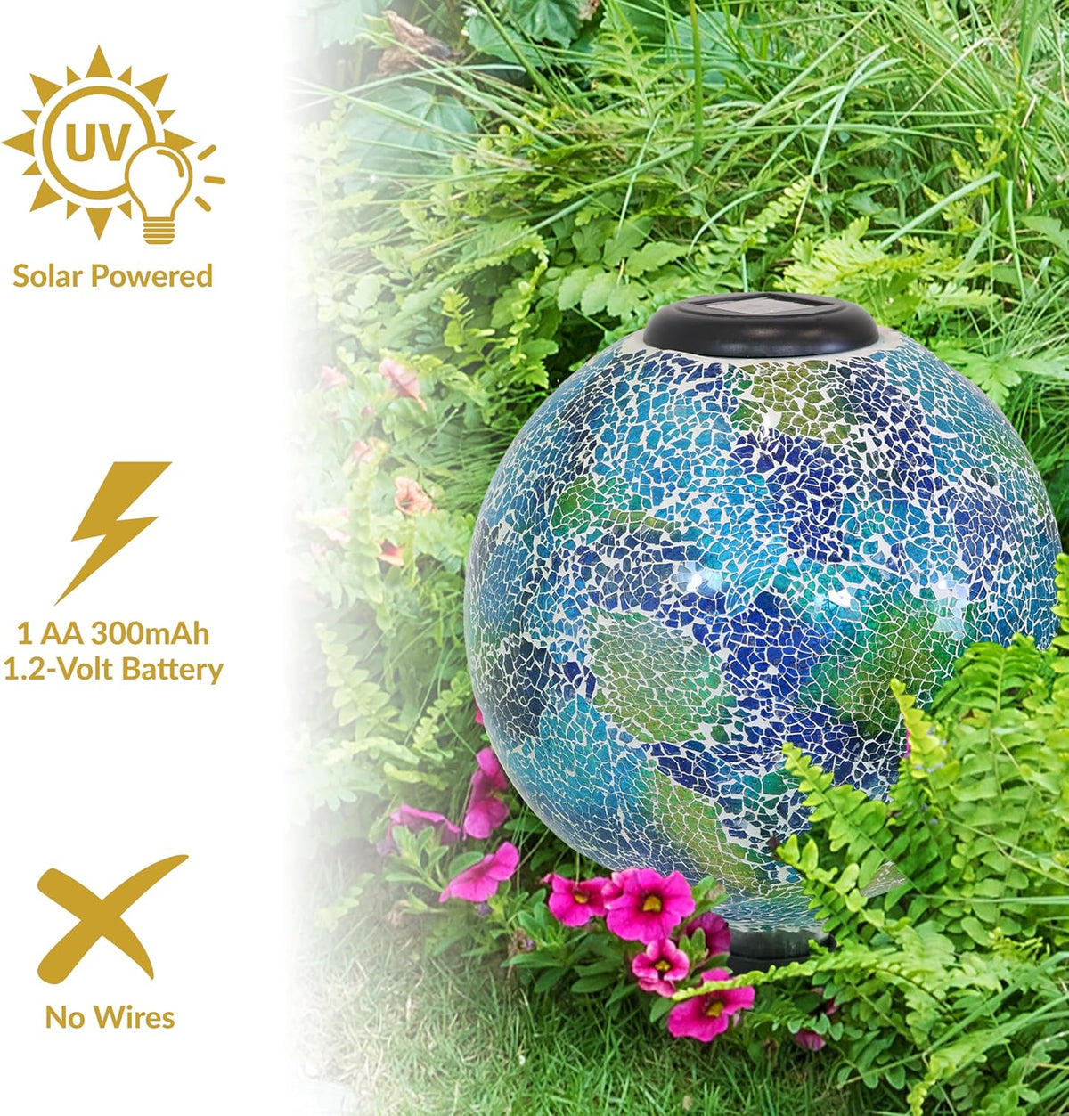 Sunnydaze Azul Terra 10" Crackled Glass Garden Gazing Globe with LED Solar Light - Set of 2