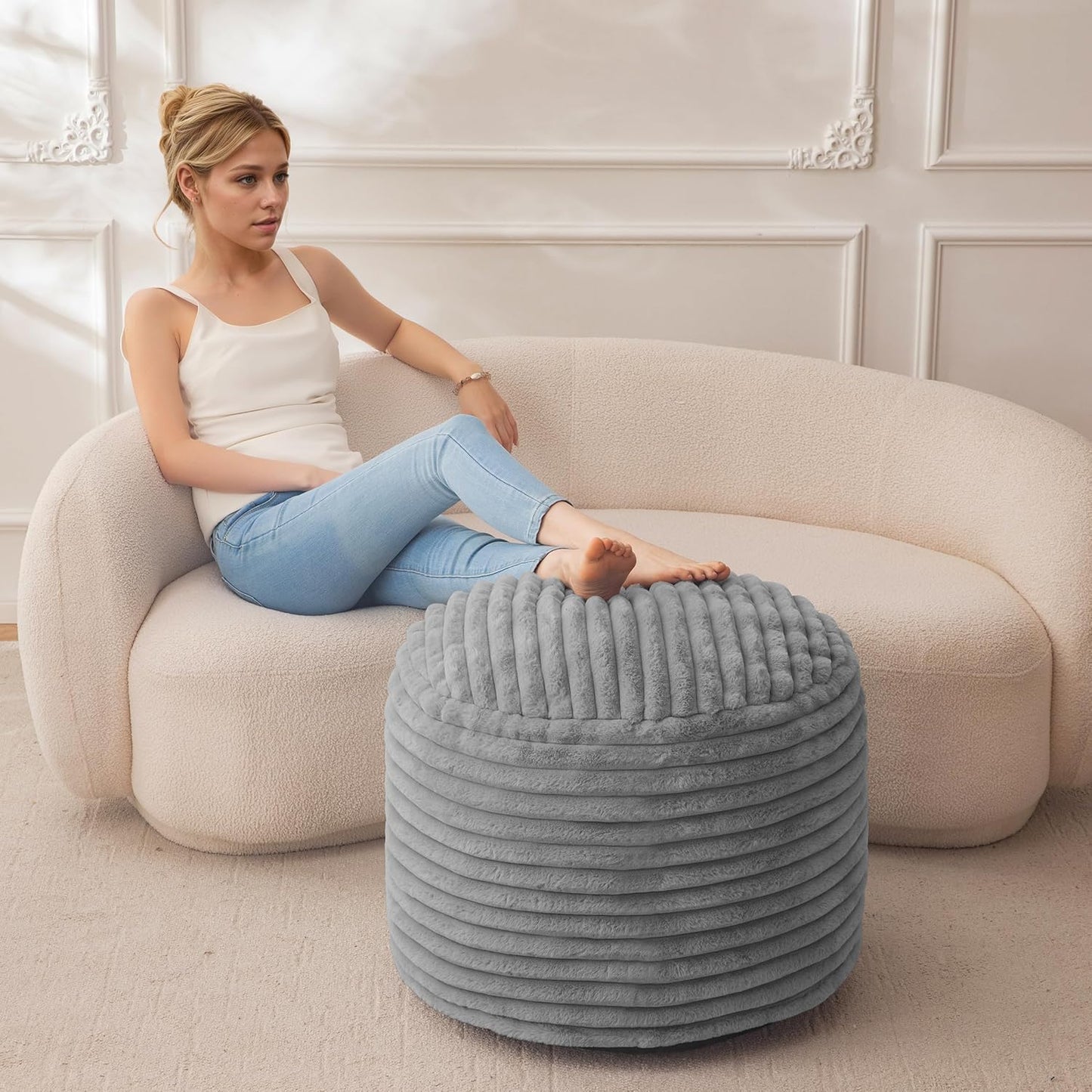 HIGOGOGO Round Stuffed Pouf Ottoman, Stripe Faux Fur Poufs with Foam Chunk Filling, Furry and