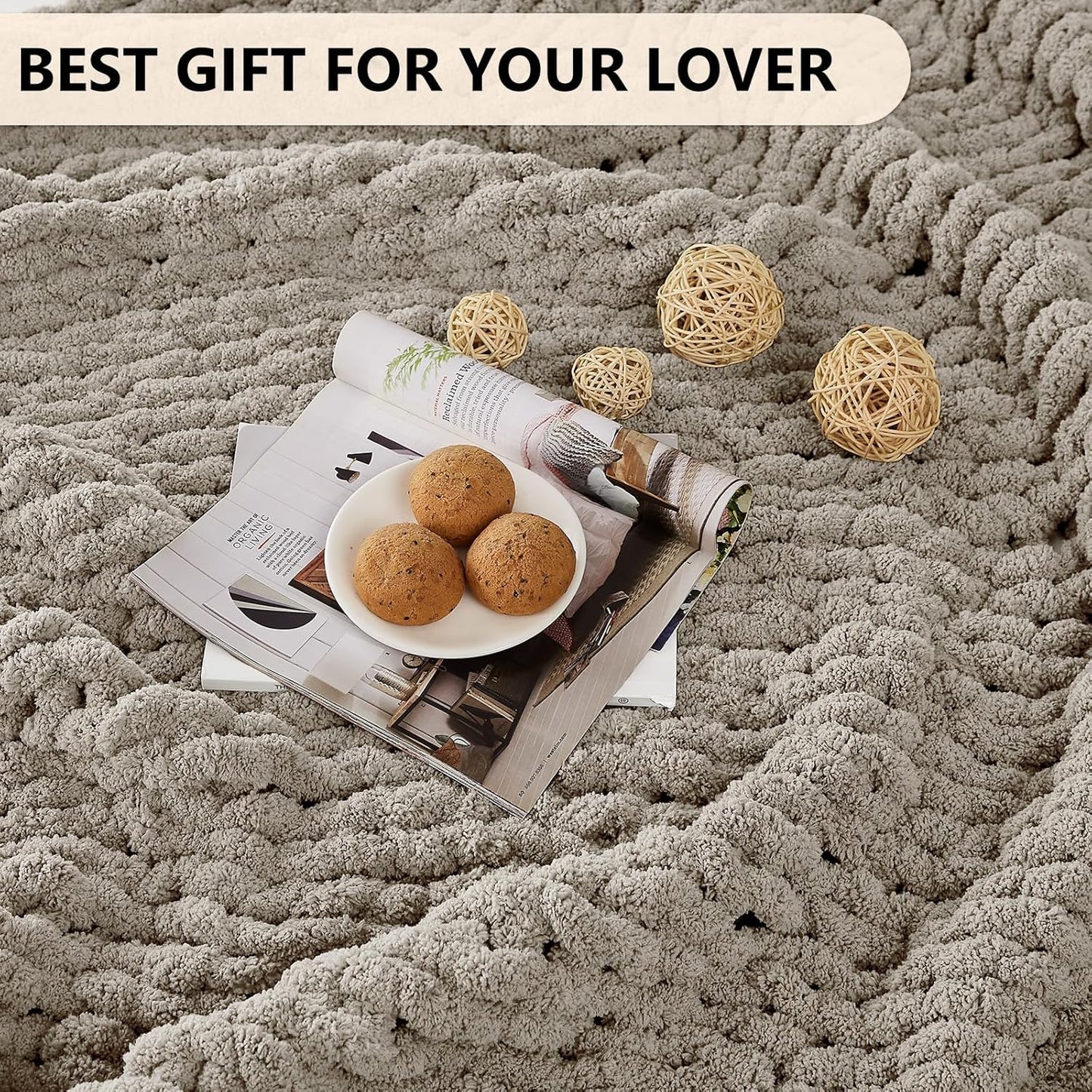 L'AGRATY Chunky Knit Blanket Throw: 60''x80'' Chenille Chunky Knitted Throw Blanket for Bed Couch