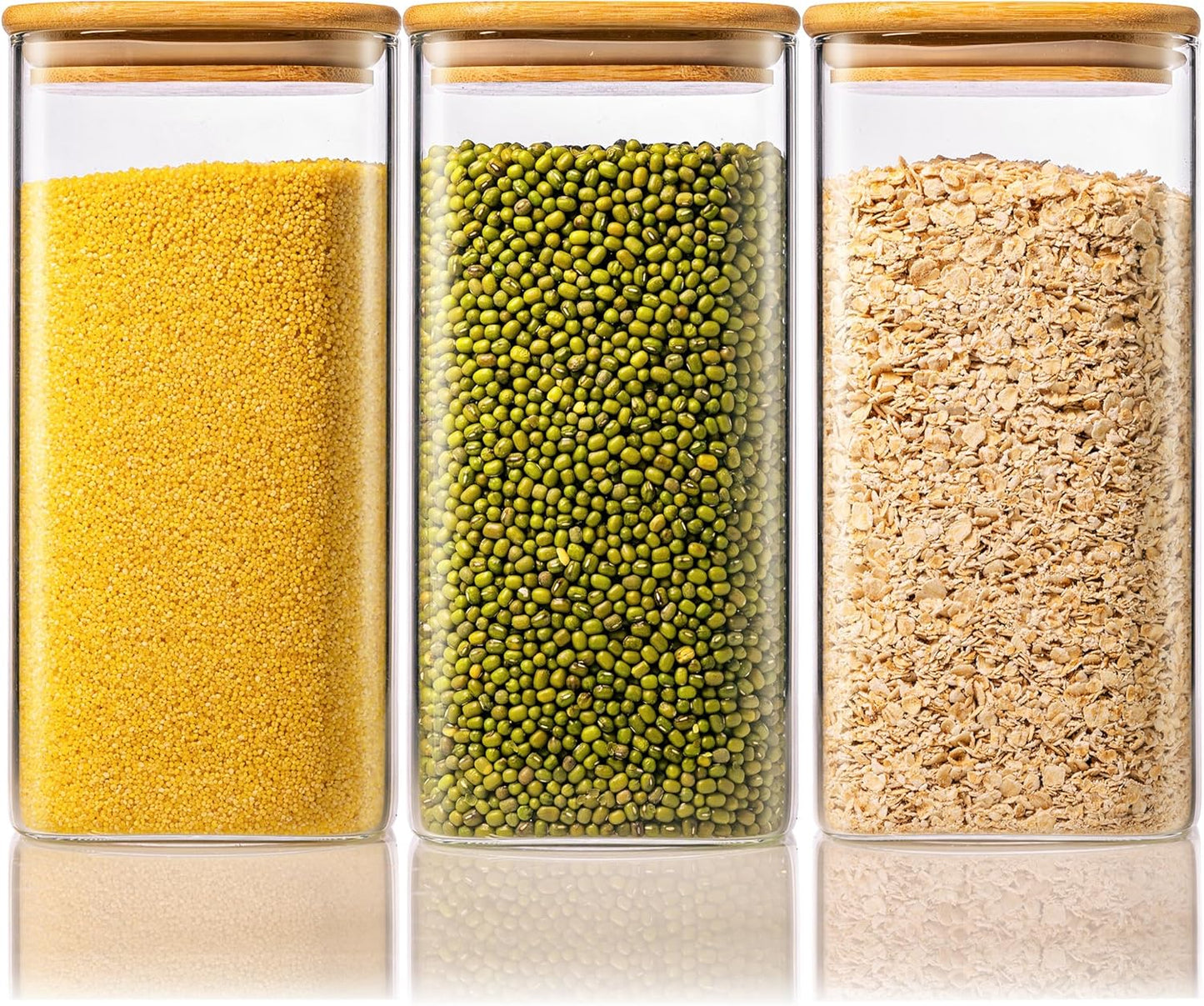 57oz - 3 Pack Square Glass Jars with Bamboo Lids, Glass Food Storage Containers with Airtight Lids