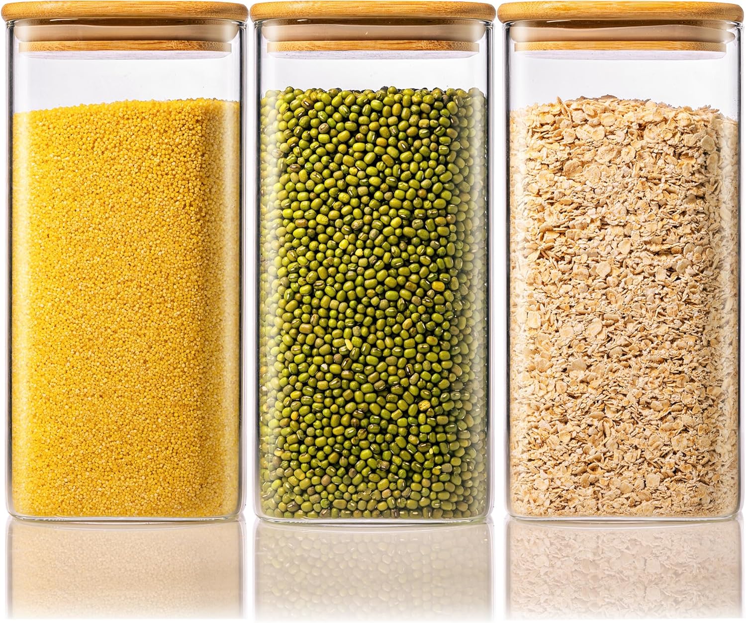 57oz - 3 Pack Square Glass Jars with Bamboo Lids, Glass Food Storage Containers with Airtight Lids