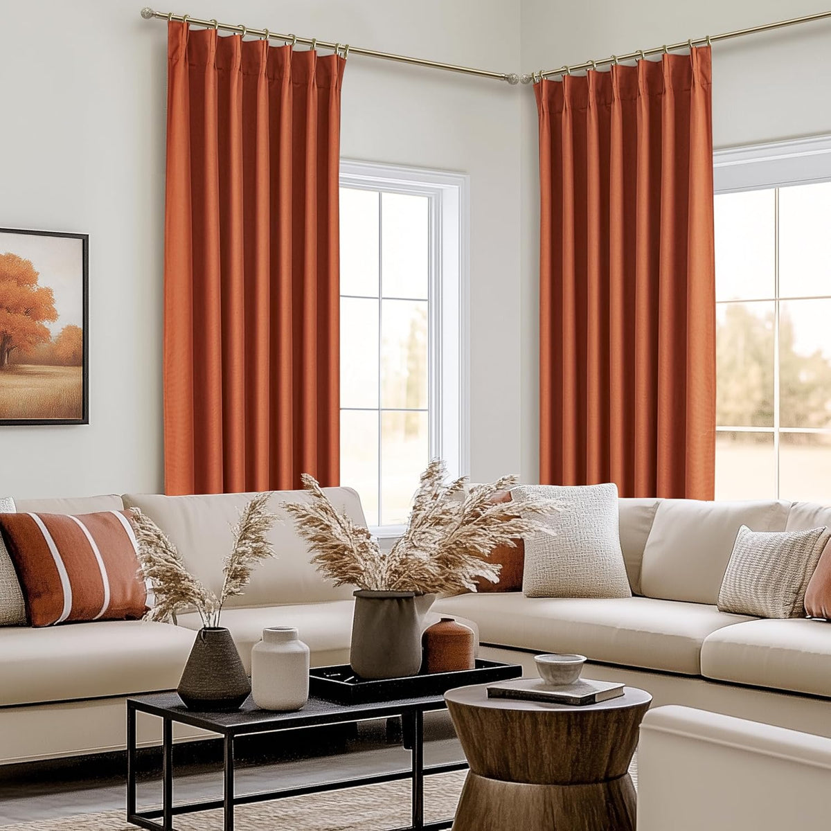 Fall Burnt Orange Curtains Pinch Pleated Blackout 108 Inches Long 2 Panels Set,Terracotta Autumn