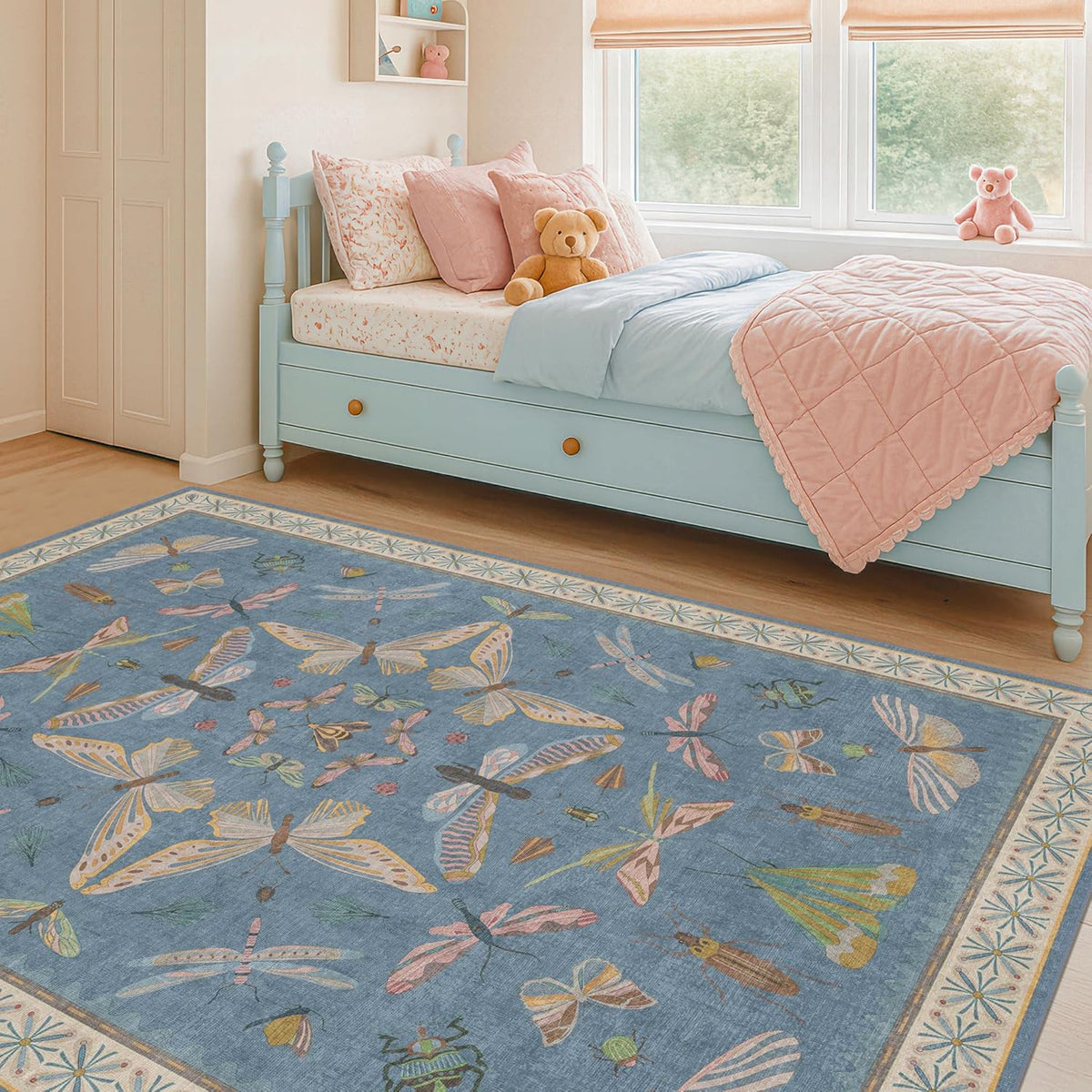 Cute Blue Rugs for Kids Room Boys - Washable 5x7 Area Rugs for Nursery, Baby Bedroom, Toddler