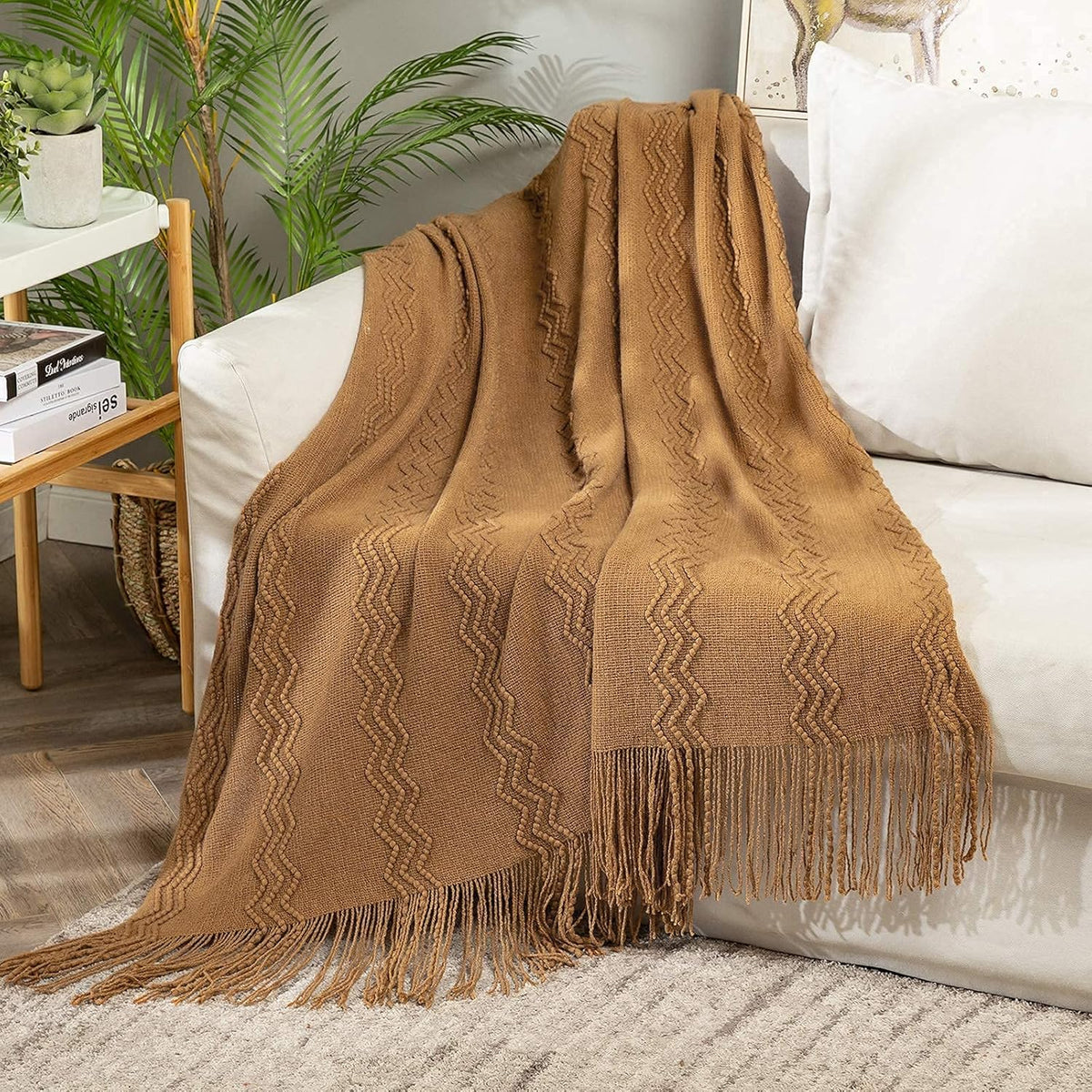 MIULEE Knitted Brown Throw Blanket for Couch,Boho Bed Decor Knit Outdoor Blankets Throw Size with