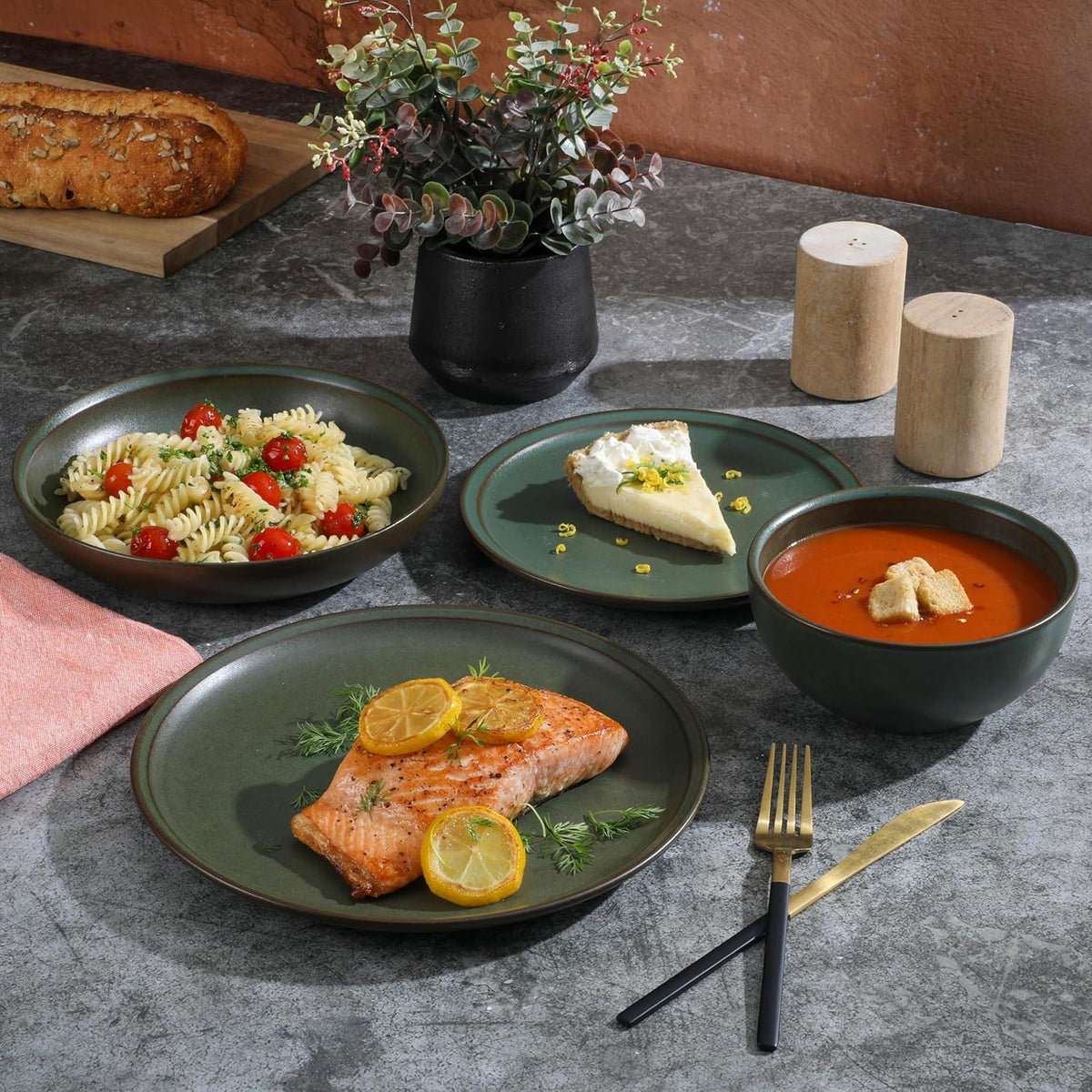 Gibson Elite Beckett Stoneware Matte Reactive Glaze 16 Piece (Service for 4) Plates and Bowls