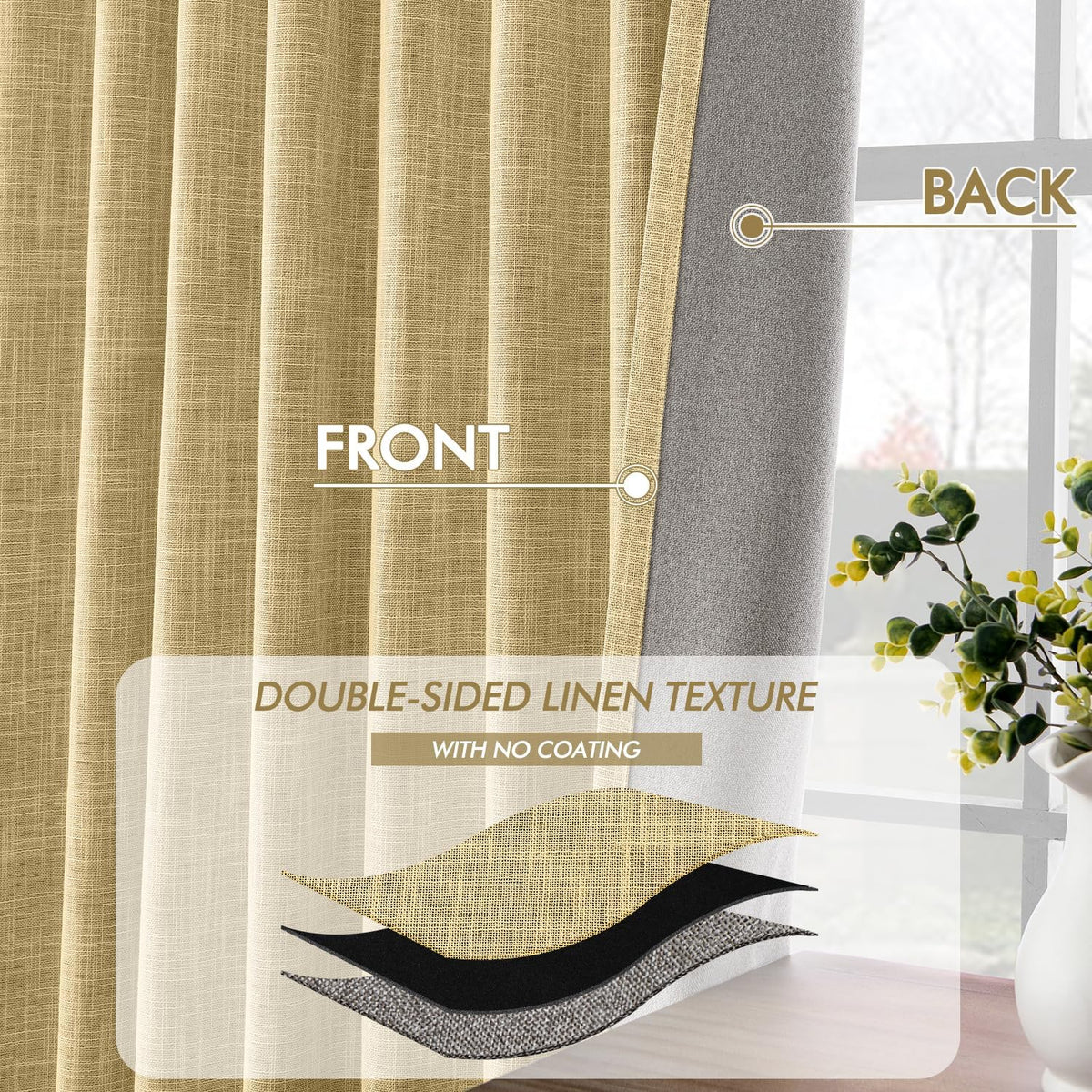 MIULEE Yellow 100% Blackout Linen Curtains 96 Inch 2 Panels Set Double Sided No Coating Pinch