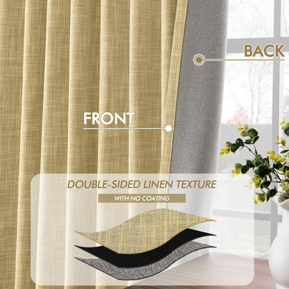 MIULEE Yellow 100% Blackout Linen Curtains 90 Inch 2 Panels Set Double Sided No Coating Pleated