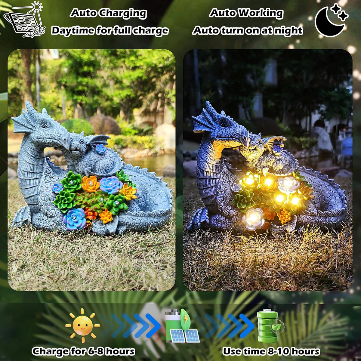 Solar Dragon Statue with LED Lights, Dargon Lover Gifts with Succulent and 6 LED Lights for