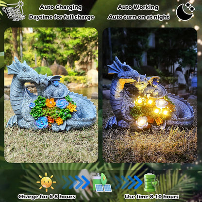 Solar Dragon Statue with LED Lights, Dargon Lover Gifts with Succulent and 6 LED Lights for