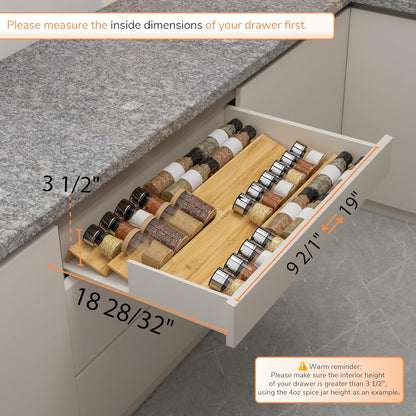 AMBIRD Bamboo Spice Drawer Organizer with Non-slip Mat,4 Tier - 2 Set Jar Spice Rack Tray From