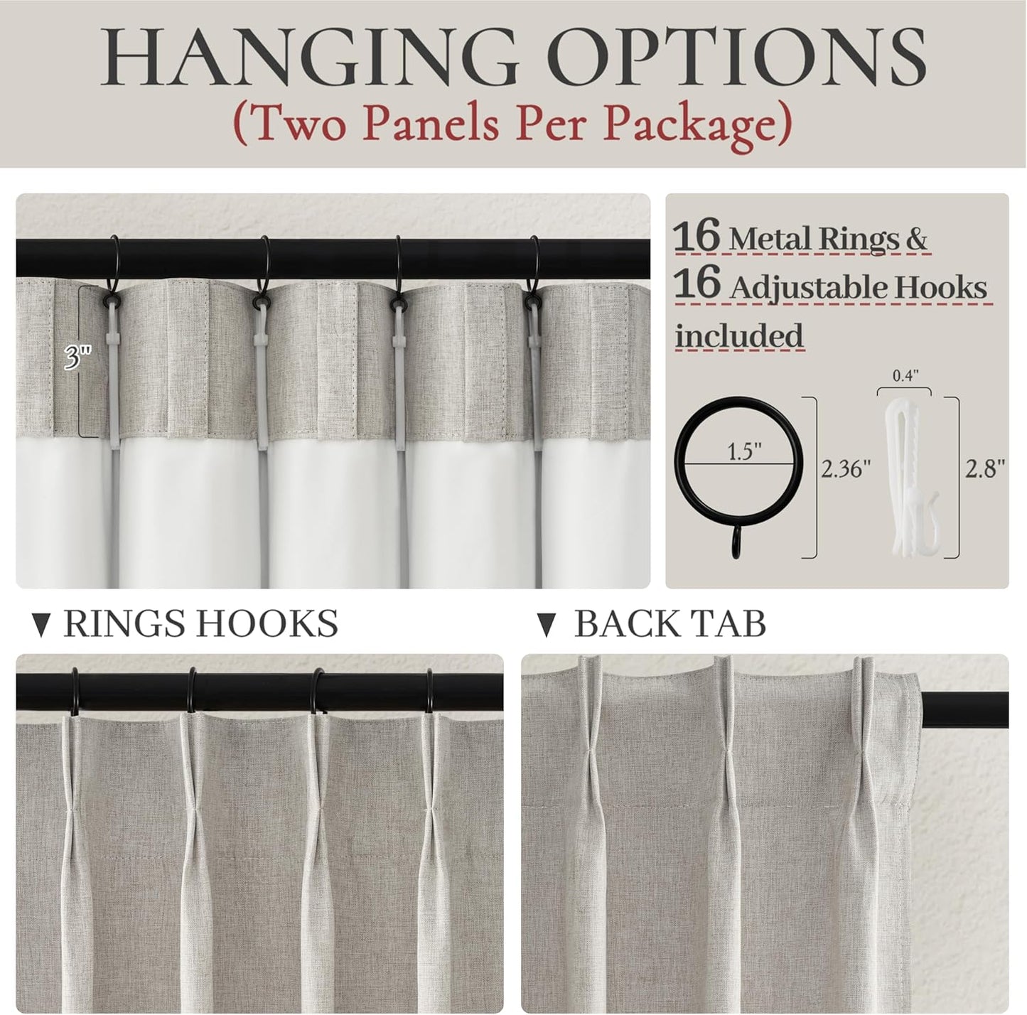 Grey Beige Viral Thick Linen Blackout Curtains 90 Inches Long for Bedroom/Dining Room 2 Panels Set