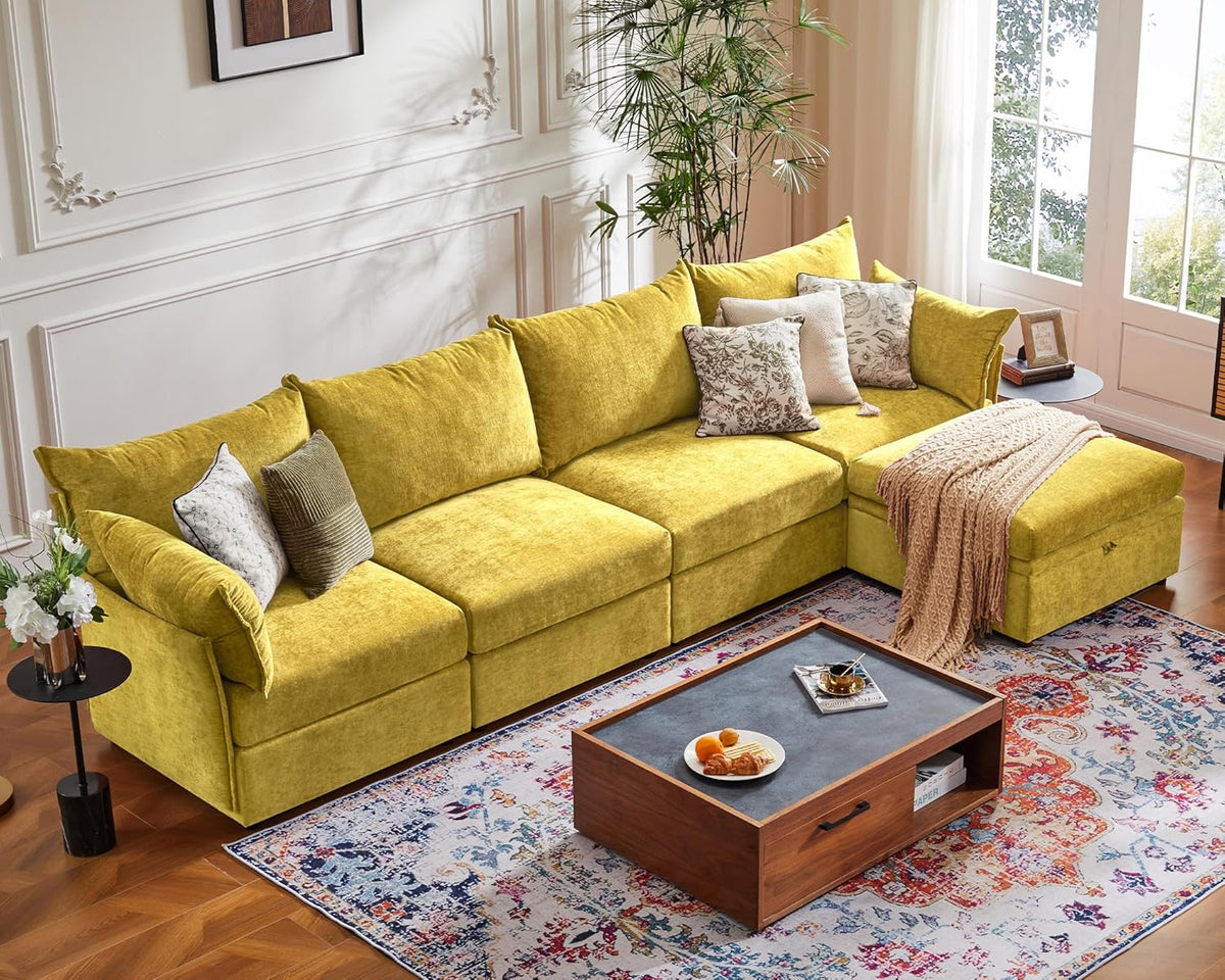 134.6" Luxury Modular Sectional Convertible Sofa with Storage Ottoman, L-Shape 5-Seat Oversized