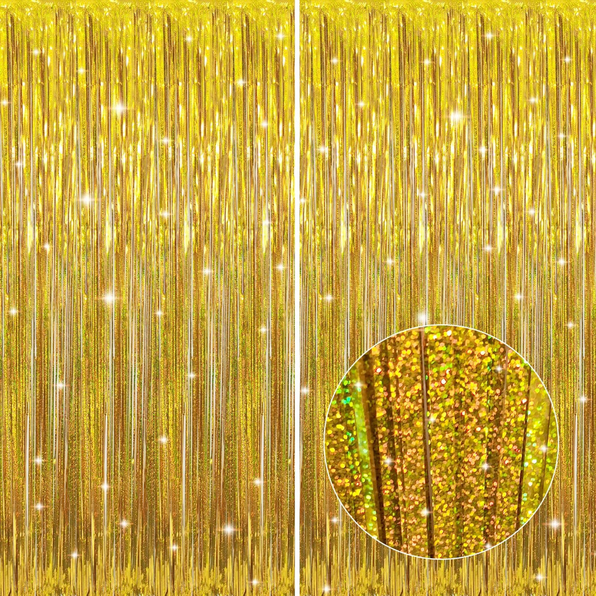 GOER 6.4 ft x 8.2 ft Metallic Tinsel Foil Fringe Curtains,Pack of 2 Party Streamer Backdrop for
