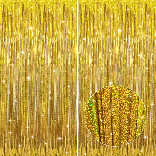 GOER 6.4 ft x 8.2 ft Metallic Tinsel Foil Fringe Curtains,Pack of 2 Party Streamer Backdrop for