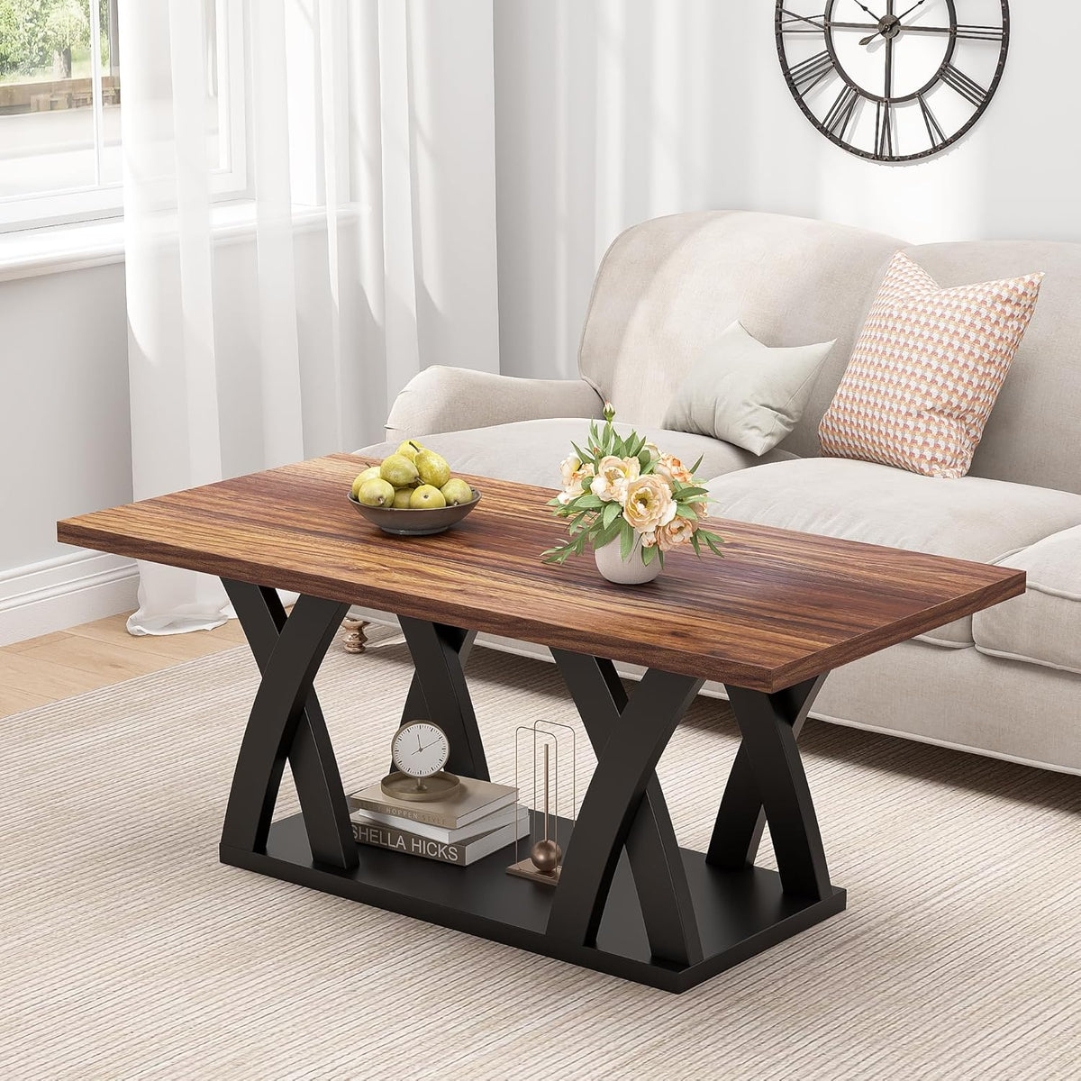 47” Wood Coffee Tables for Living Room Rustic Stands with Storage Shelf Black Blown Coffee Tables