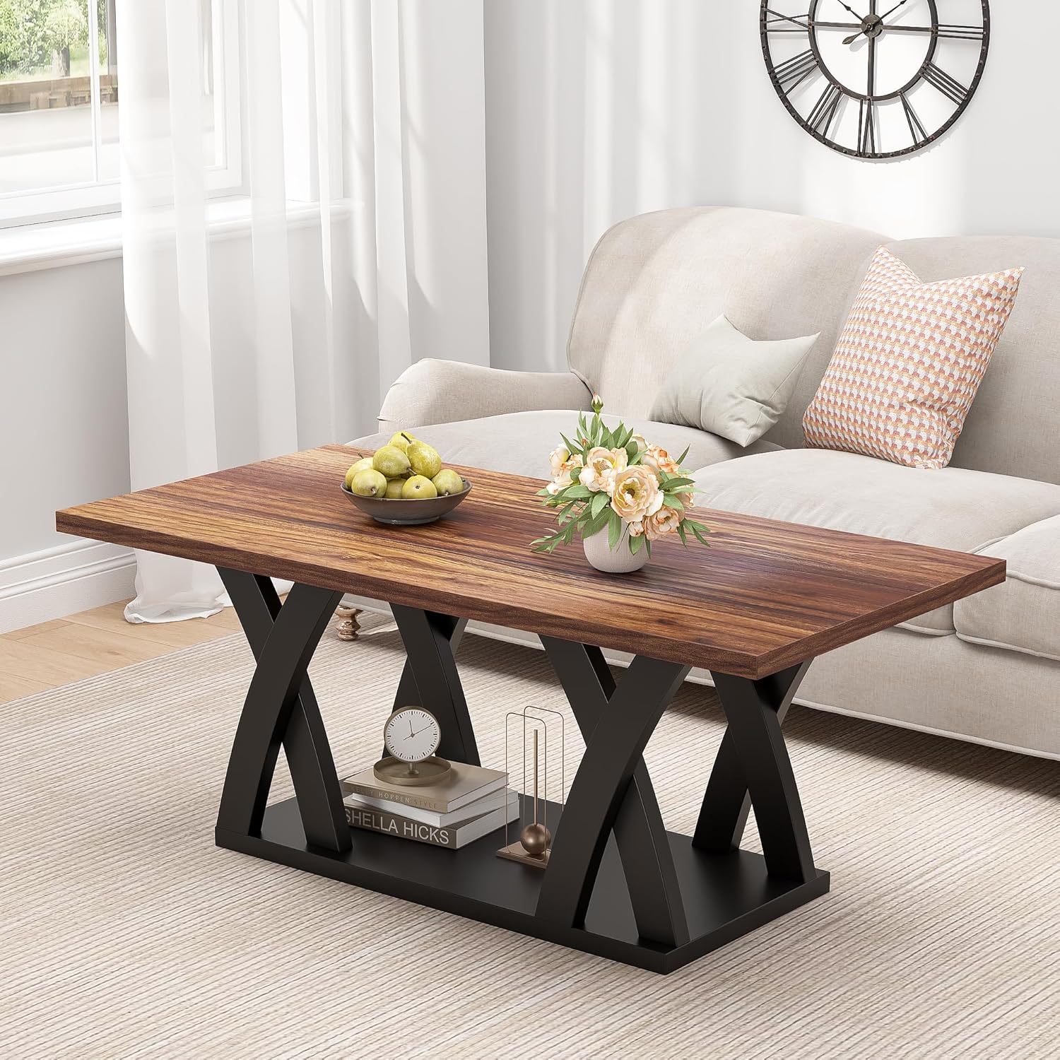 47” Wood Coffee Tables for Living Room Rustic Stands with Storage Shelf Black Blown Coffee Tables