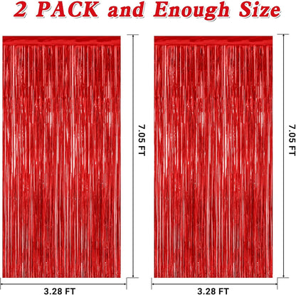 2 Pack Red Tinsel Backdrop, 3.28 FT x 7.05 FT Fringe Curtains, Red Foil Tinsel Party Streamer