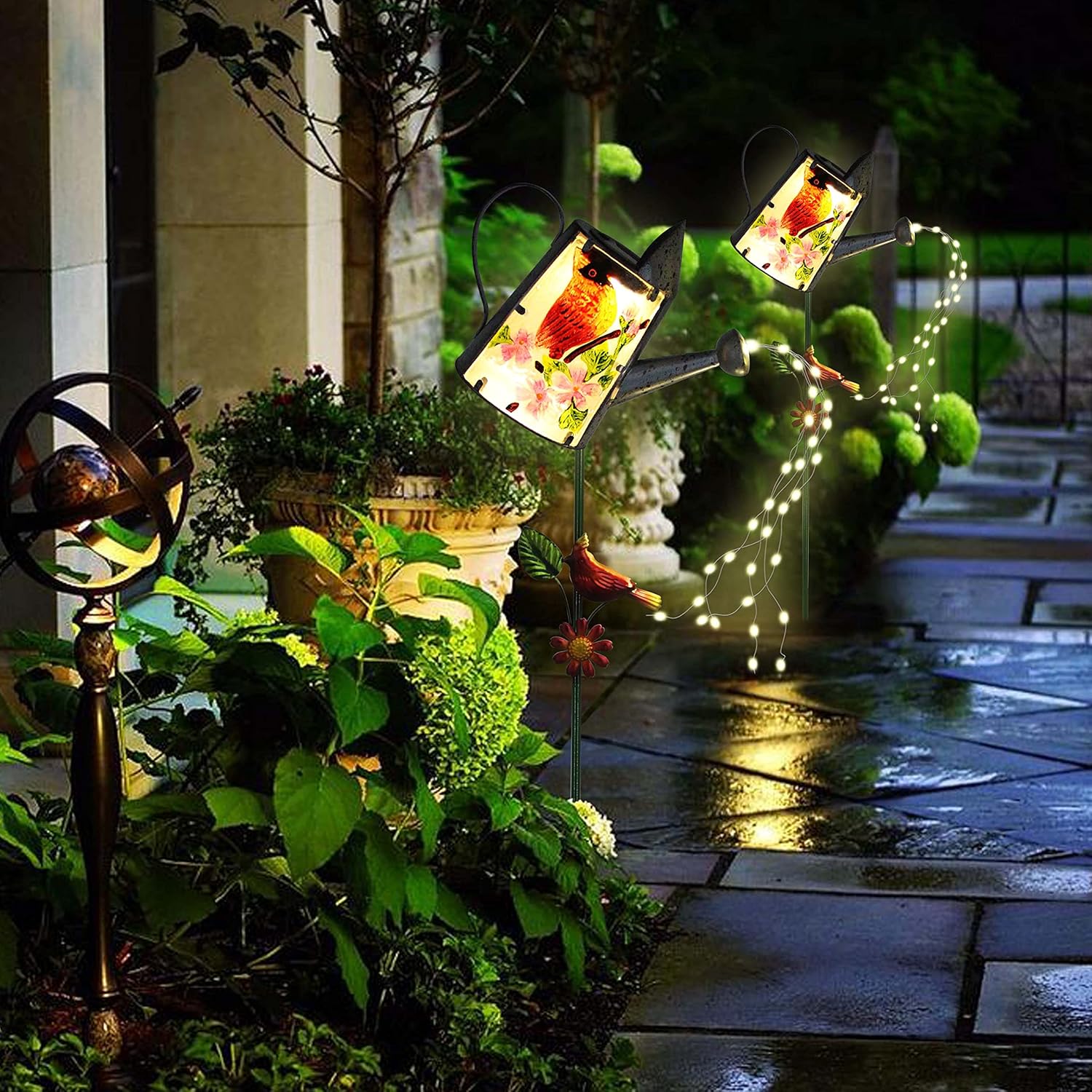 Garden Solar Lights Outdoor, Metal Watering Can Garden Stake Lights Cardinal Bird Decor Glass Art