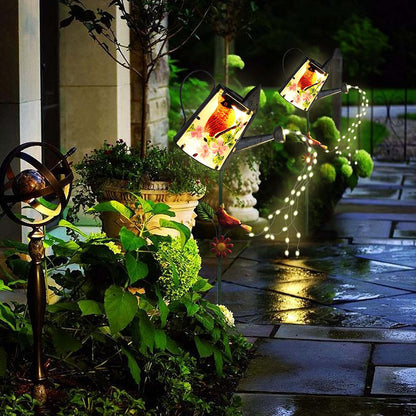 Garden Solar Lights Outdoor, Metal Watering Can Garden Stake Lights Cardinal Bird Decor Glass Art